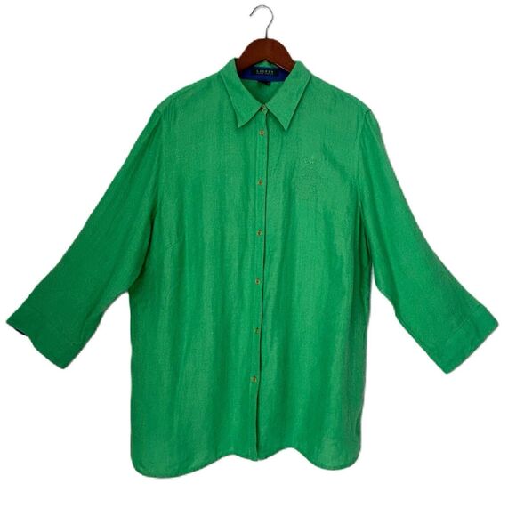 Lauren Ralph Lauren Tunic Top Women 2X Green Linen Crest Classic Lagenlook Prepy - Picture 1 of 15